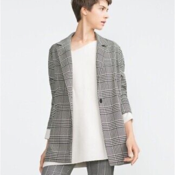 ZARA Houndstooth Black White One Button‎ Blazer Oversized Relaxed Fit Size S - Picture 9 of 9